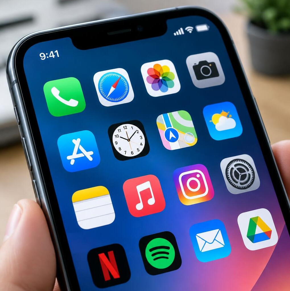 Close-up of a smartphone screen with colorful app icons