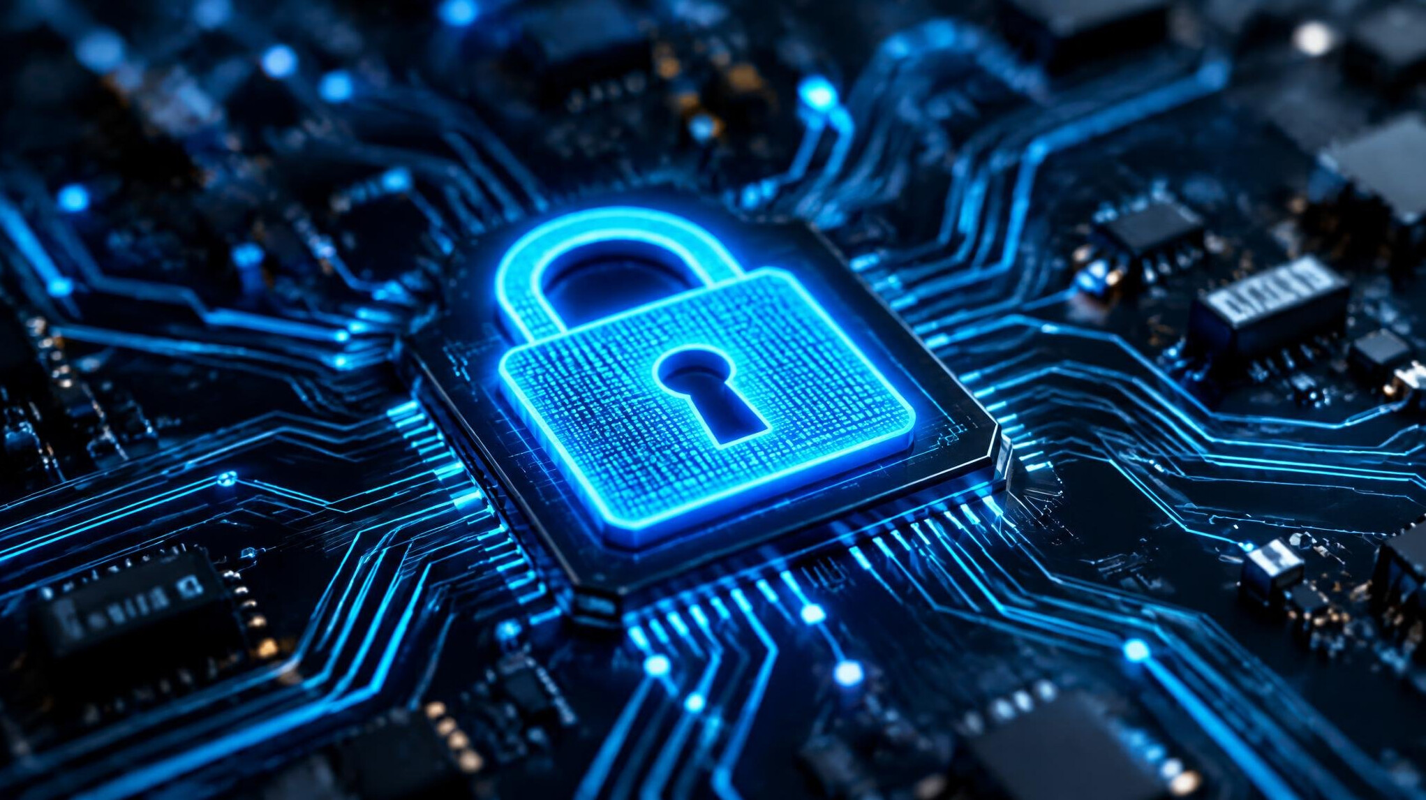 Digital lock icon over a circuit board representing cybersecurity
