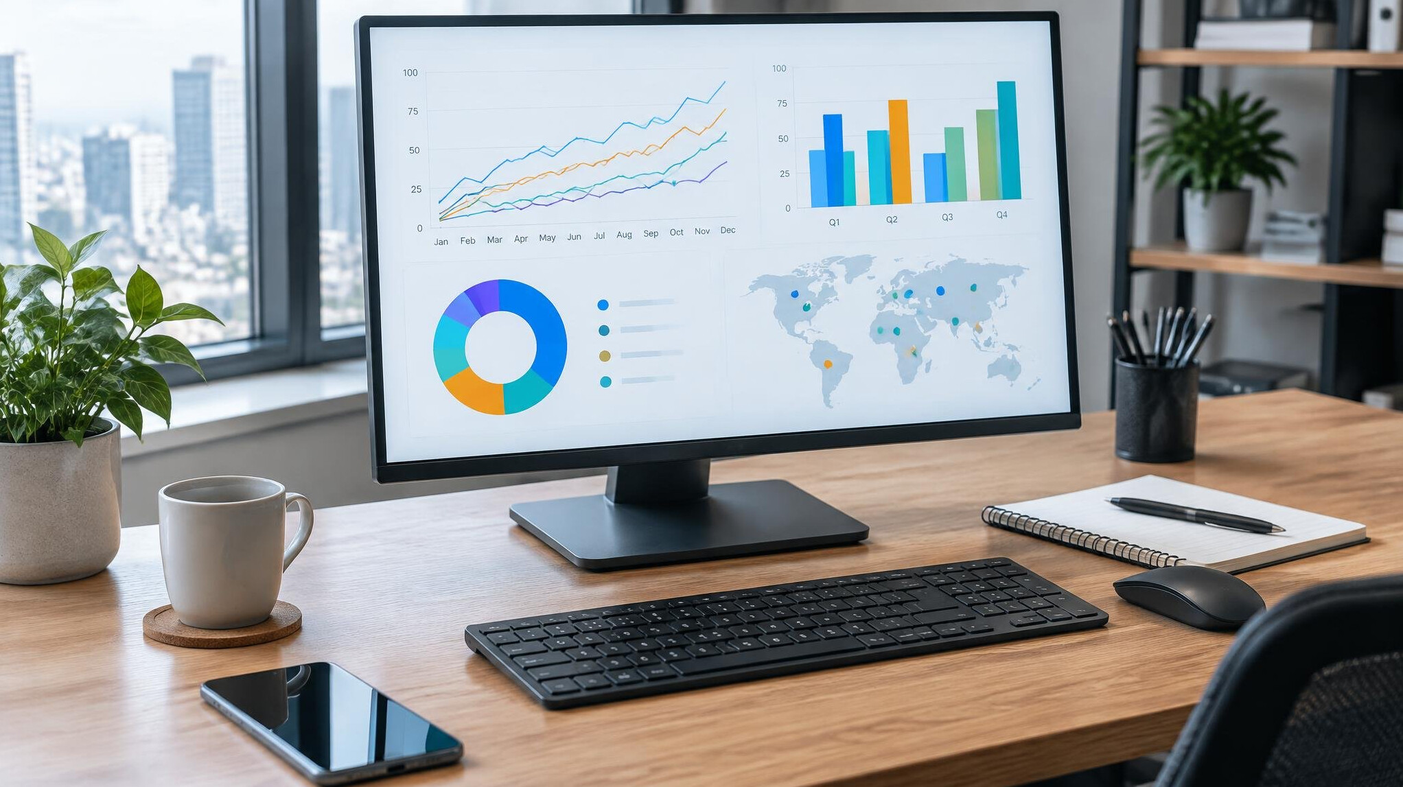Modern office workspace with charts on a monitor