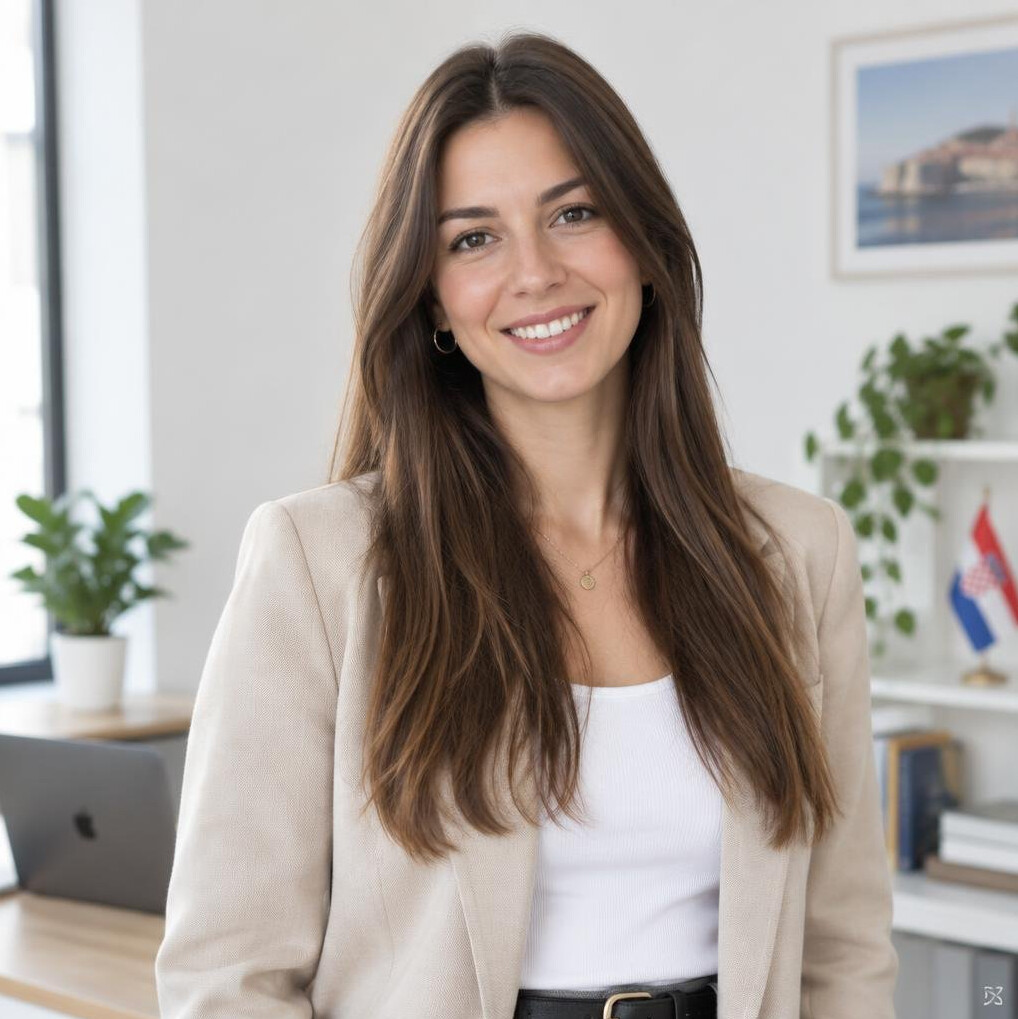 Young Croatian woman smiling in a modern workspace
