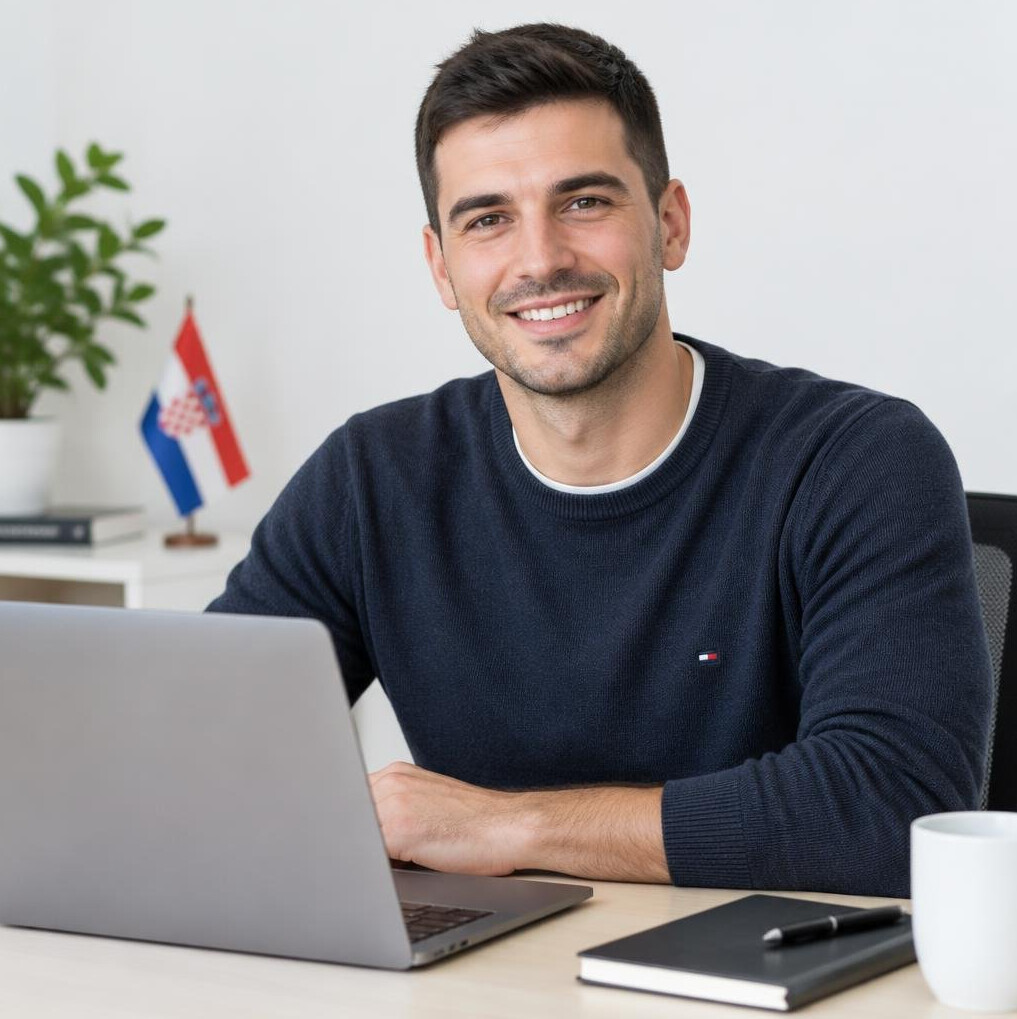 Young Croatian man working on a laptop in a bright office