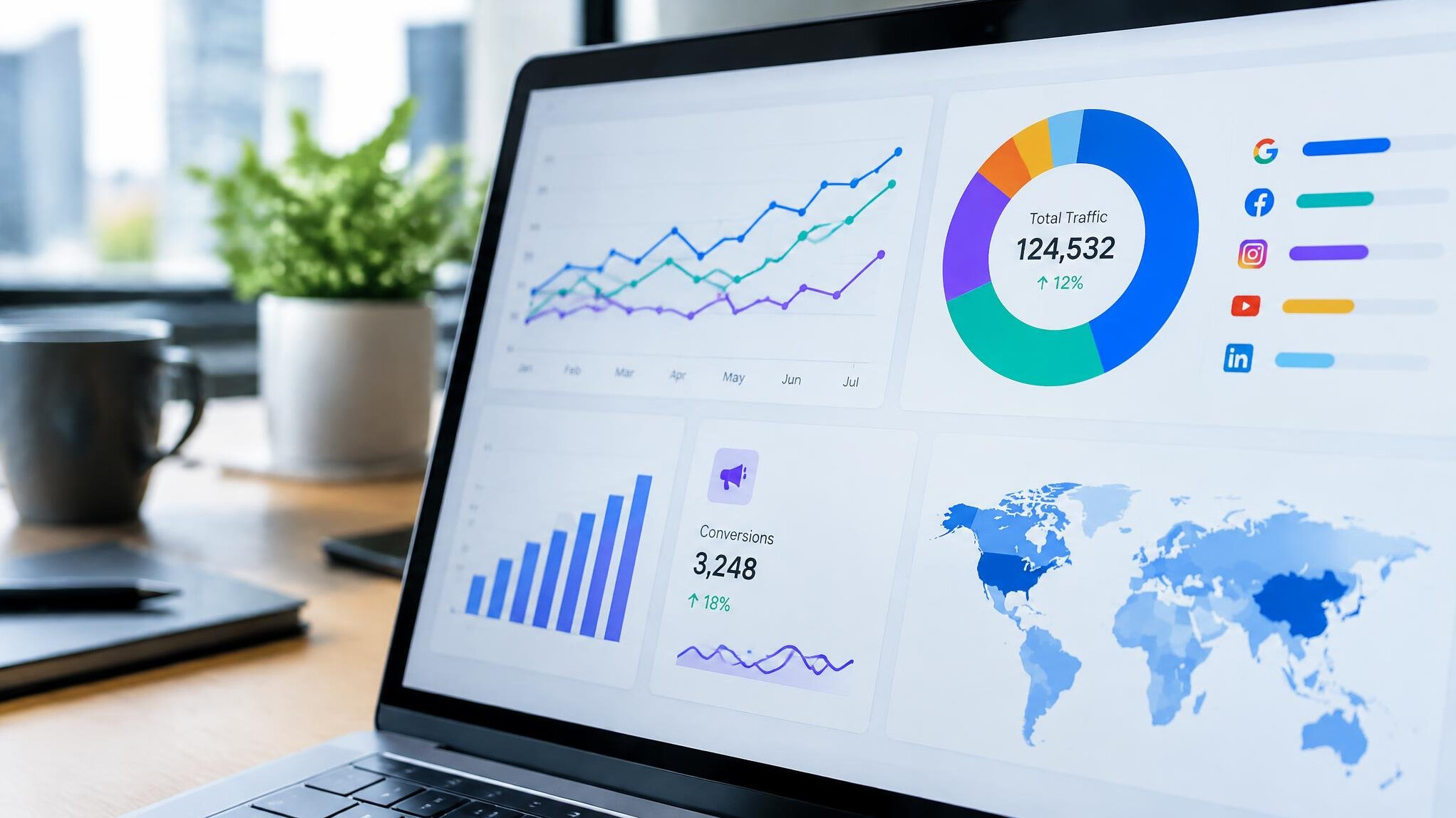 Digital marketing analytics dashboard on a computer screen