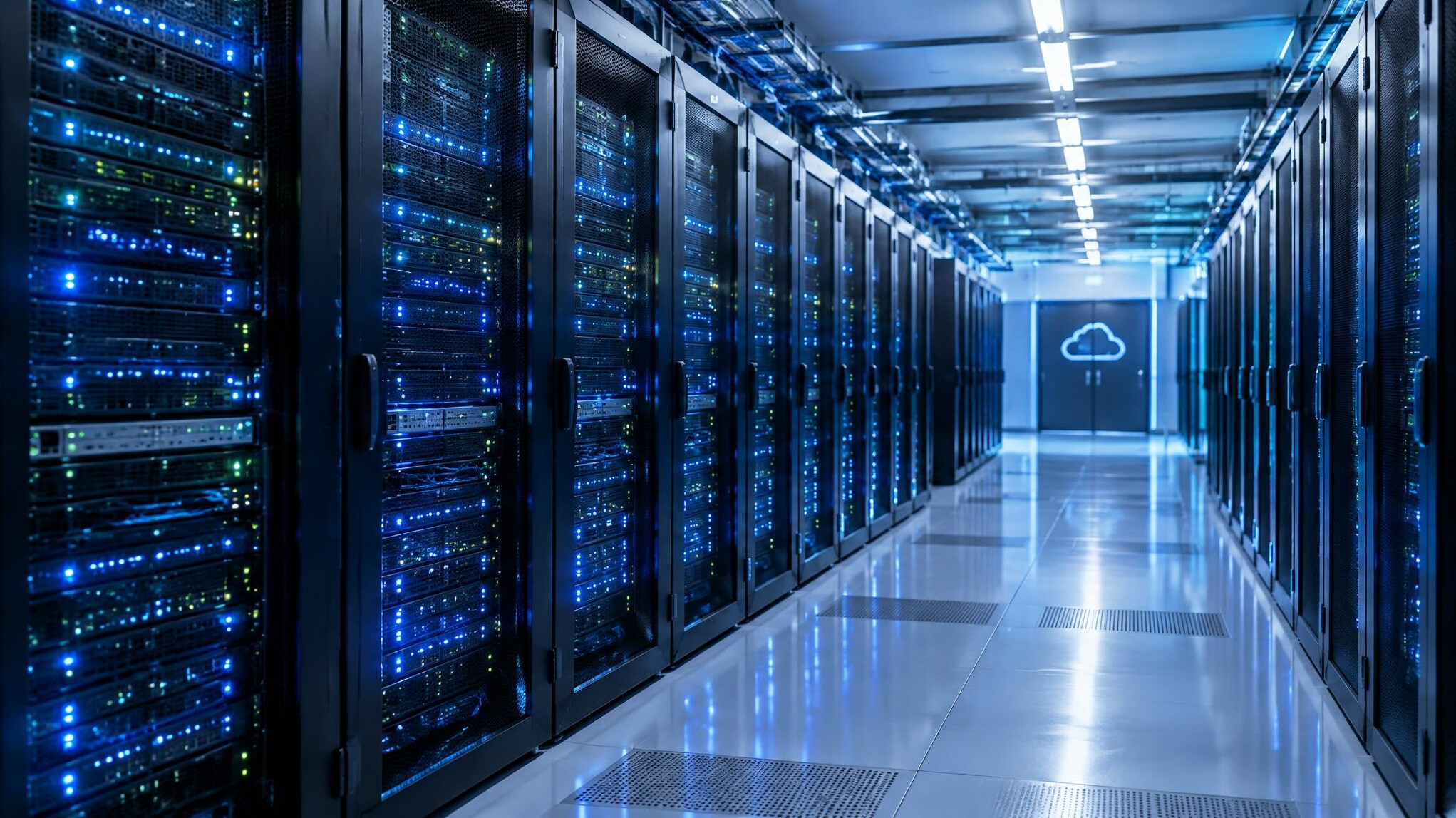 Server racks in a modern data center representing cloud computing