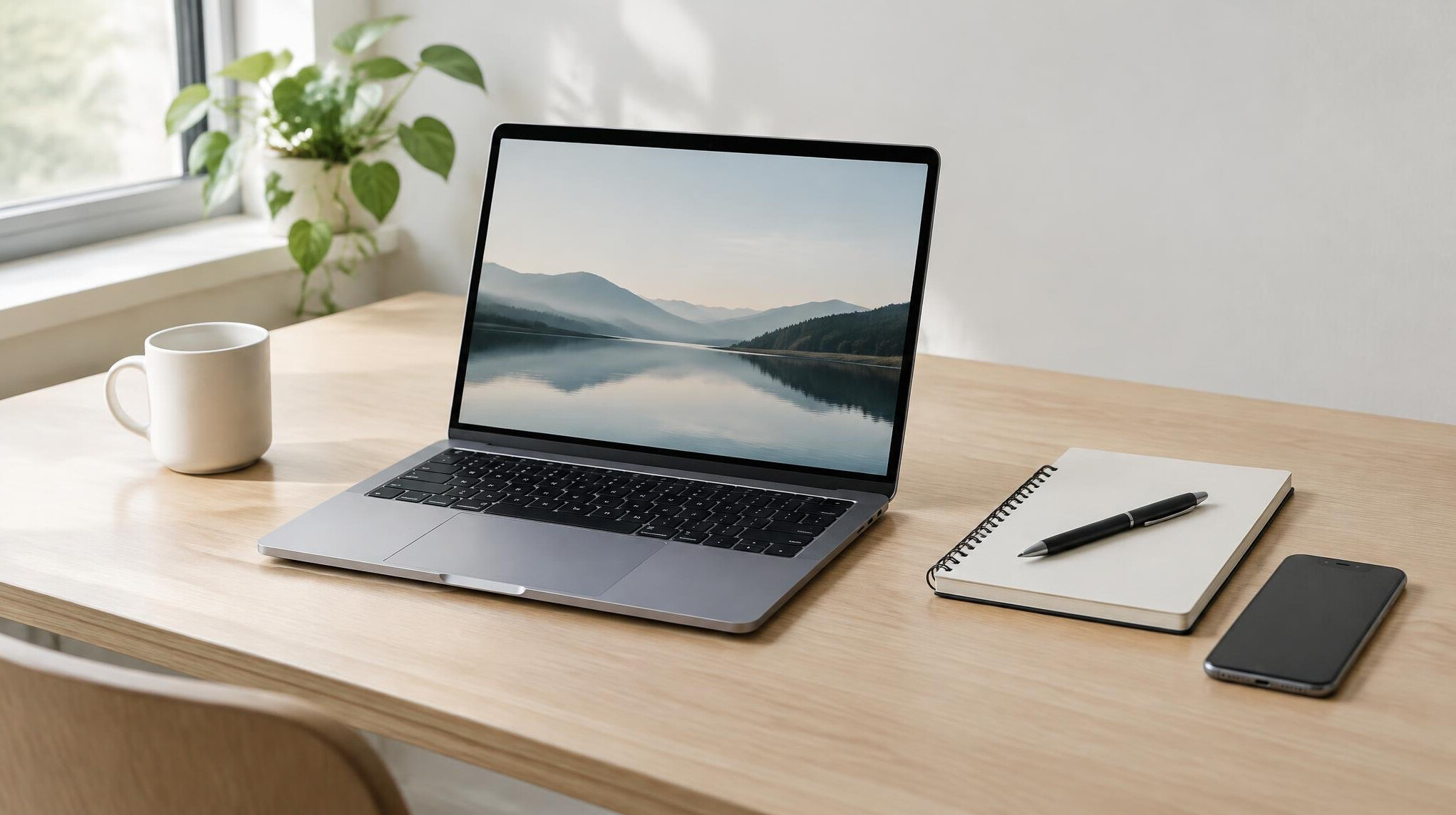 Desk with laptop, notebook and phone ready for contact